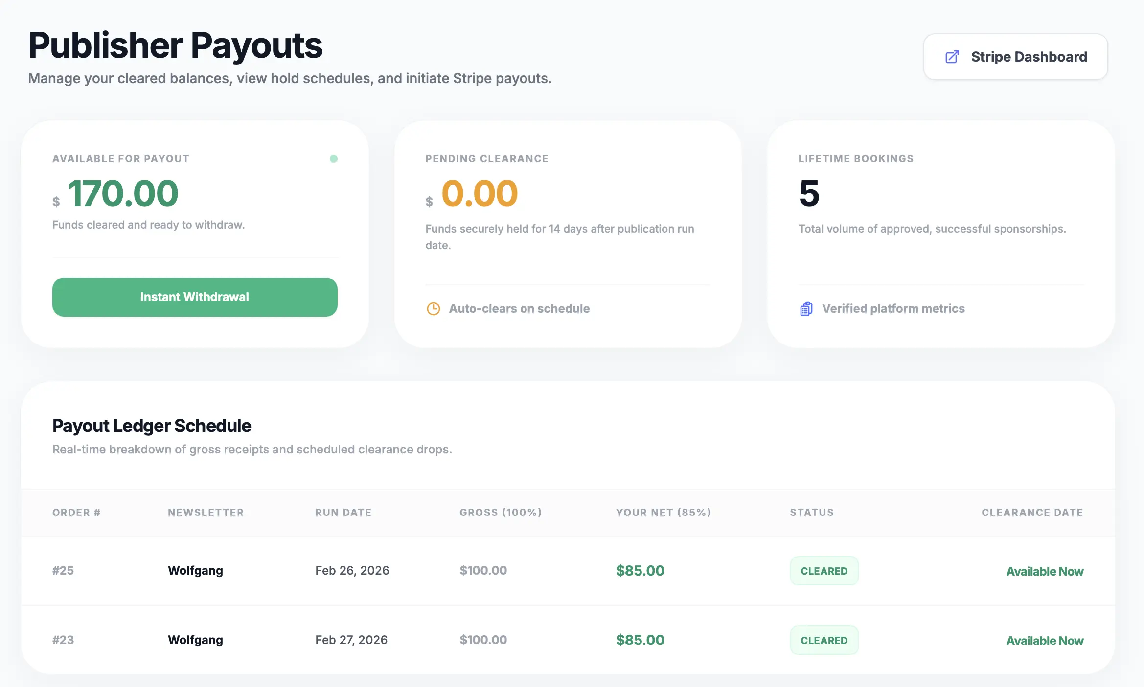 Screenshot of bank payouts dashboard