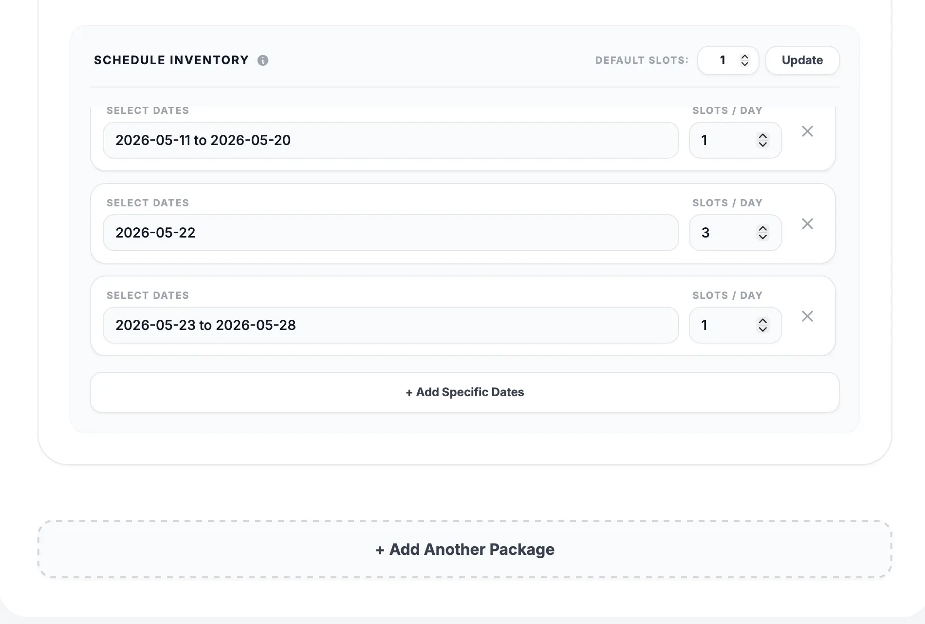 Screenshot of pricing and calendar setup